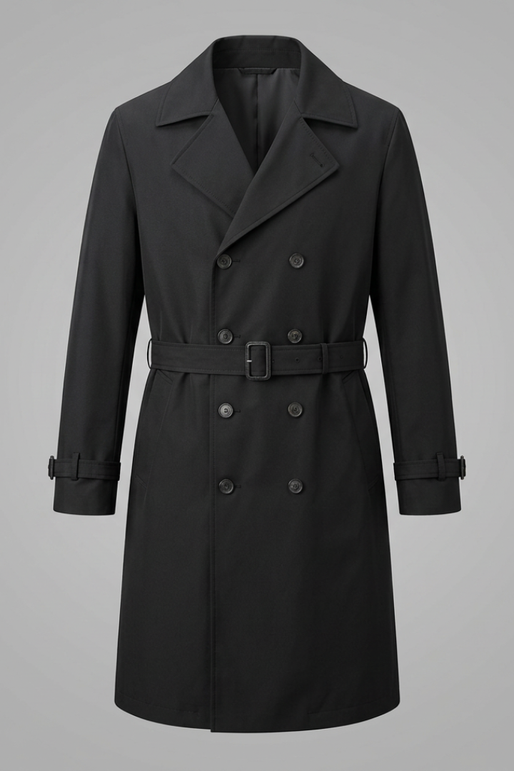 Men’s Long Trench Coat with Belt and Front Button Design