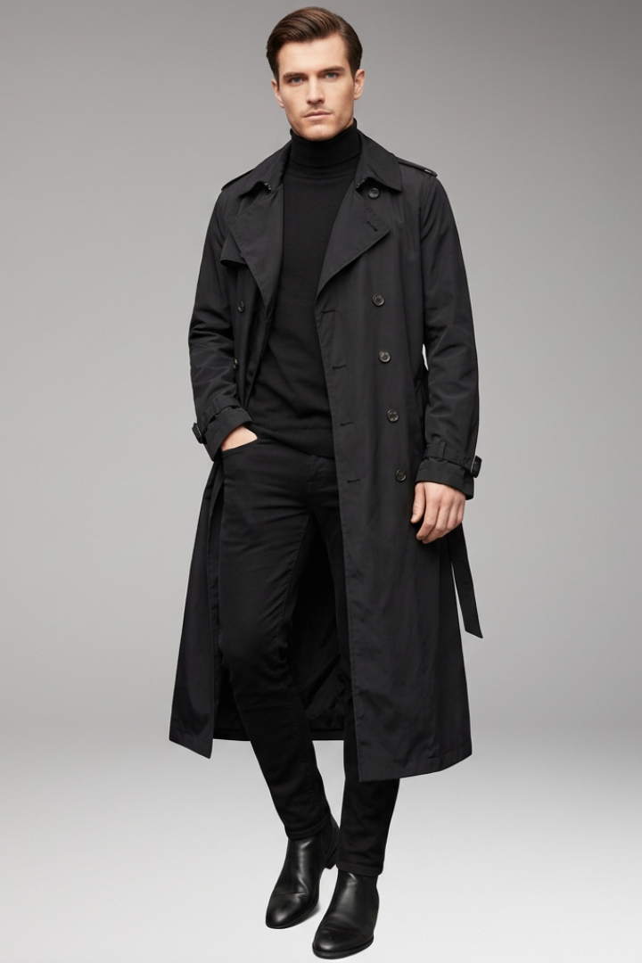 Men’s Long Trench Coat with Belt and Front Button Design