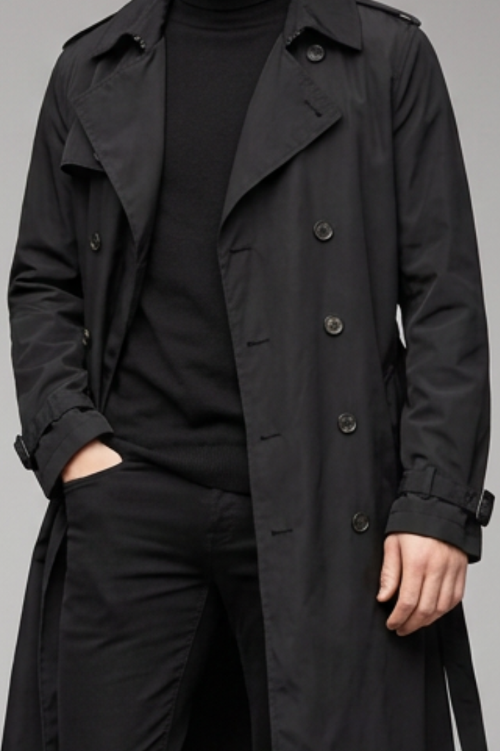 Men’s Long Trench Coat with Belt and Front Button Design