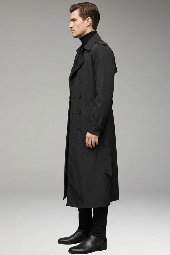Men’s Long Trench Coat with Belt and Front Button Design
