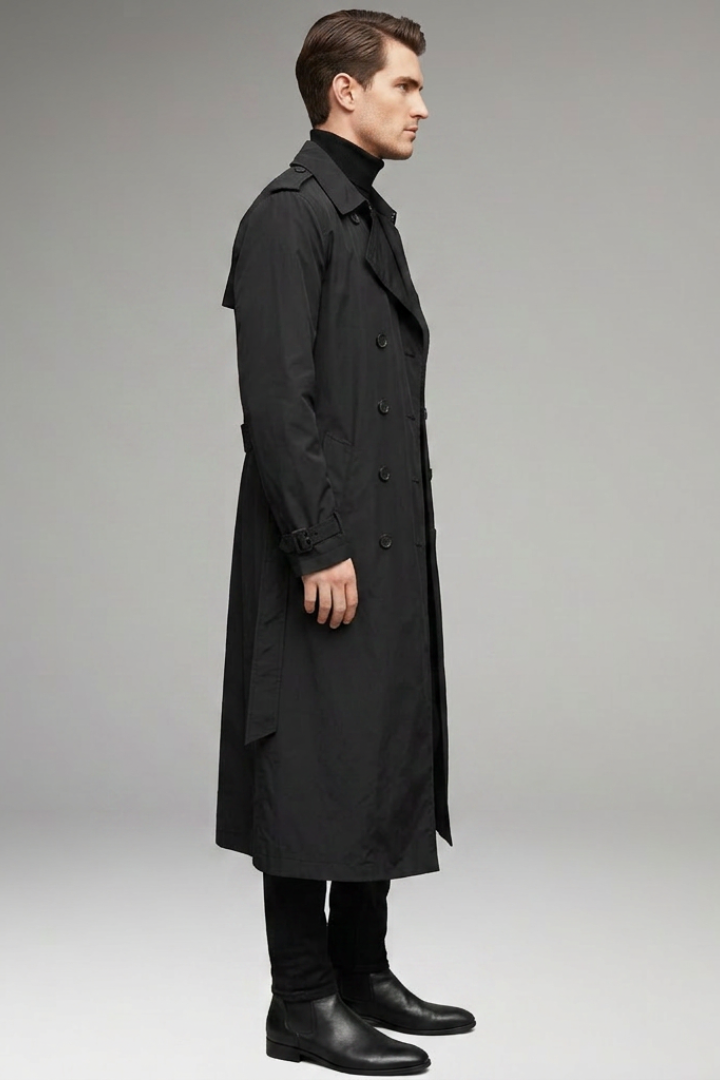 Men’s Long Trench Coat with Belt and Front Button Design