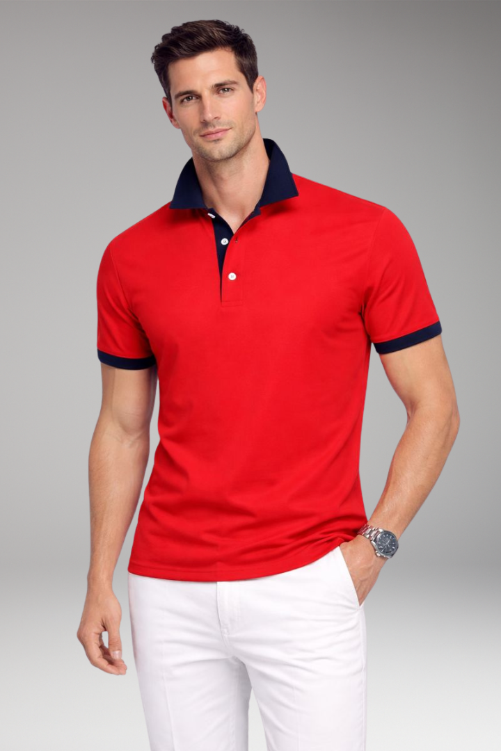 Men’s Polo Shirt with Contrasting Collar and Buttoned Placket