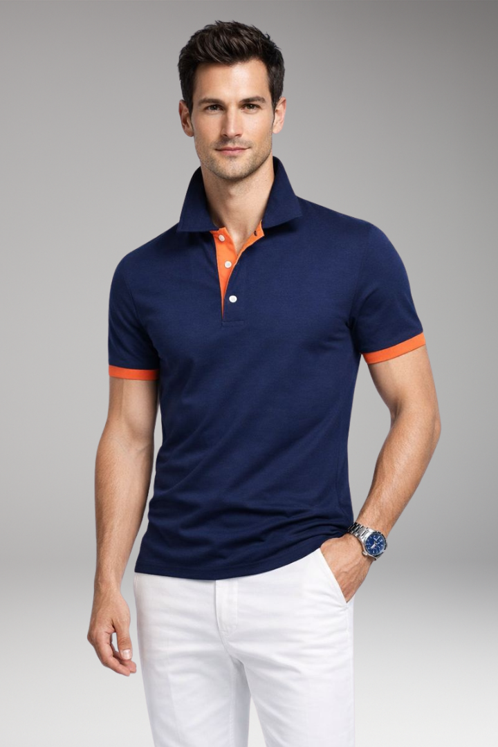 Men’s Polo Shirt with Contrasting Collar and Buttoned Placket
