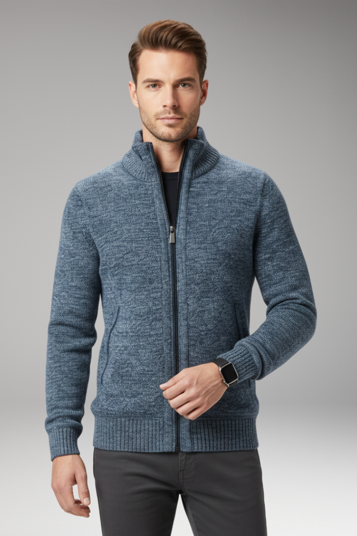 Men's Jumper with Stand-Up Collar and Zip Closure