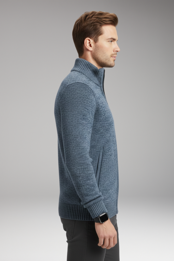 Men's Jumper with Stand-Up Collar and Zip Closure