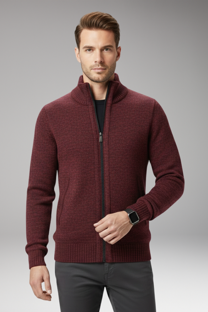Men's Jumper with Stand-Up Collar and Zip Closure
