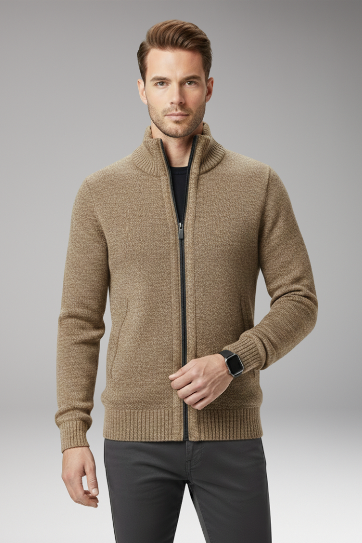 Men's Jumper with Stand-Up Collar and Zip Closure