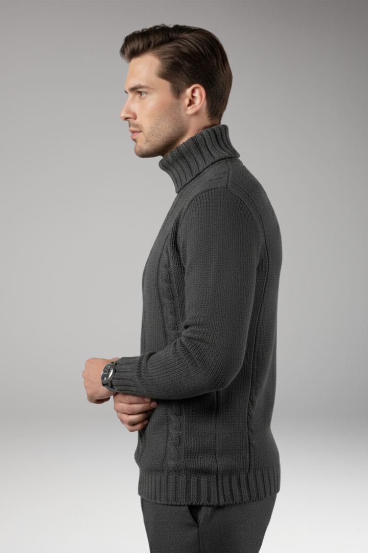 Men’s Turtleneck Jumper with Cable Pattern and Ribbed Edges