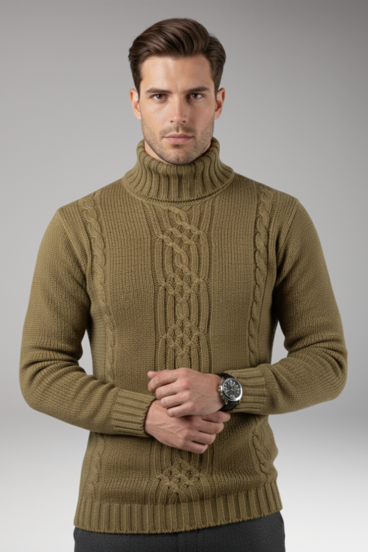 Men’s Turtleneck Jumper with Cable Pattern and Ribbed Edges