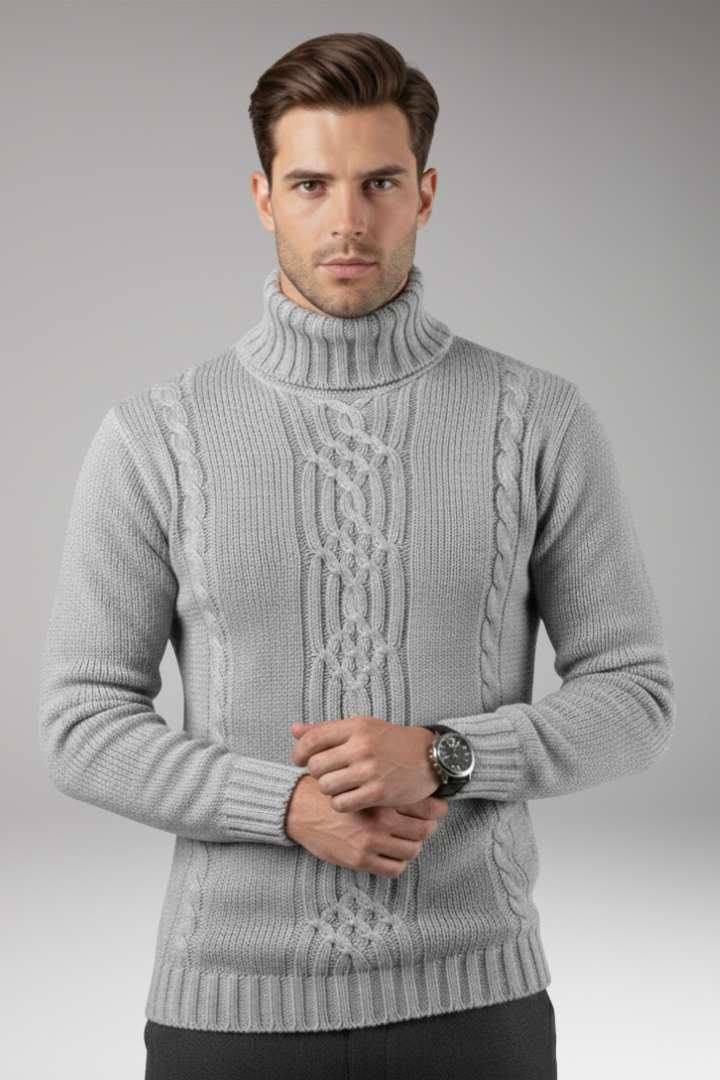 Men’s Turtleneck Jumper with Cable Pattern and Ribbed Edges