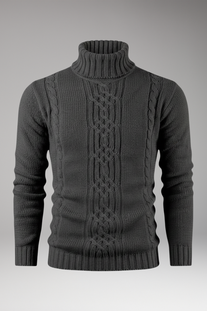 Men’s Turtleneck Jumper with Cable Pattern and Ribbed Edges