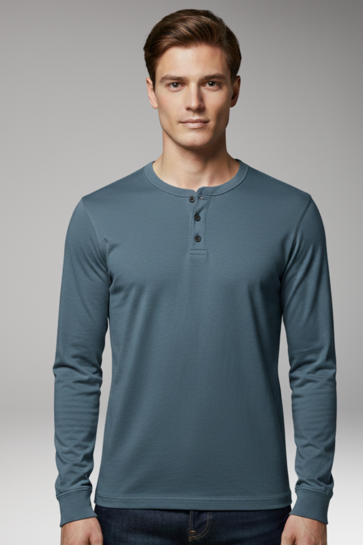 Men’s Henley Shirt with Three-Button Placket and Long Sleeves
