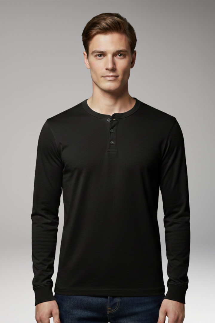 Men’s Henley Shirt with Three-Button Placket and Long Sleeves