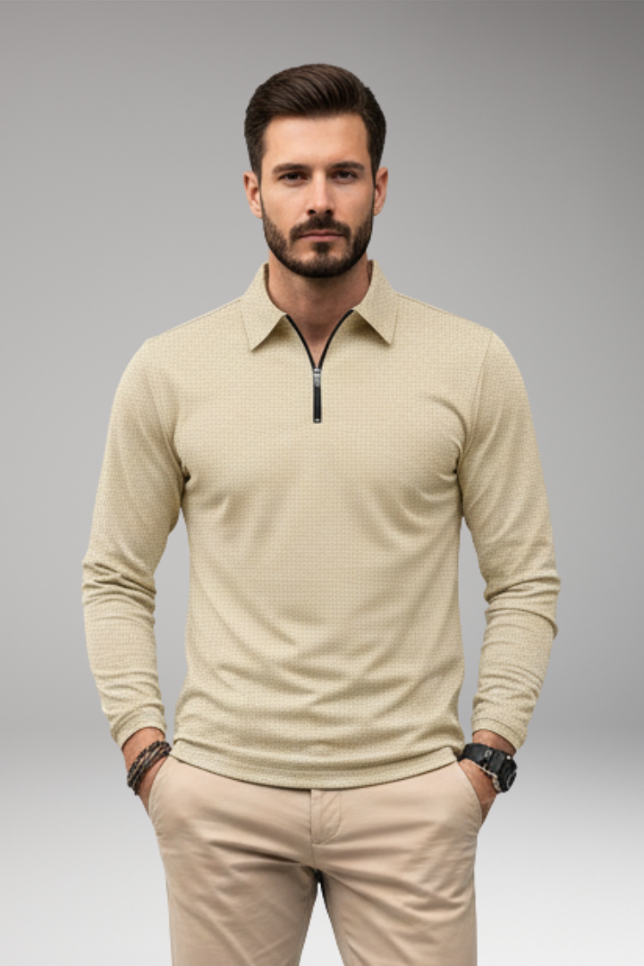 Men's Long-Sleeve Polo Shirt with Zip and Textured Surface