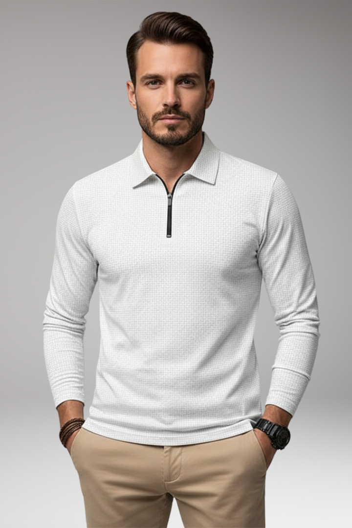 Men's Long-Sleeve Polo Shirt with Zip and Textured Surface
