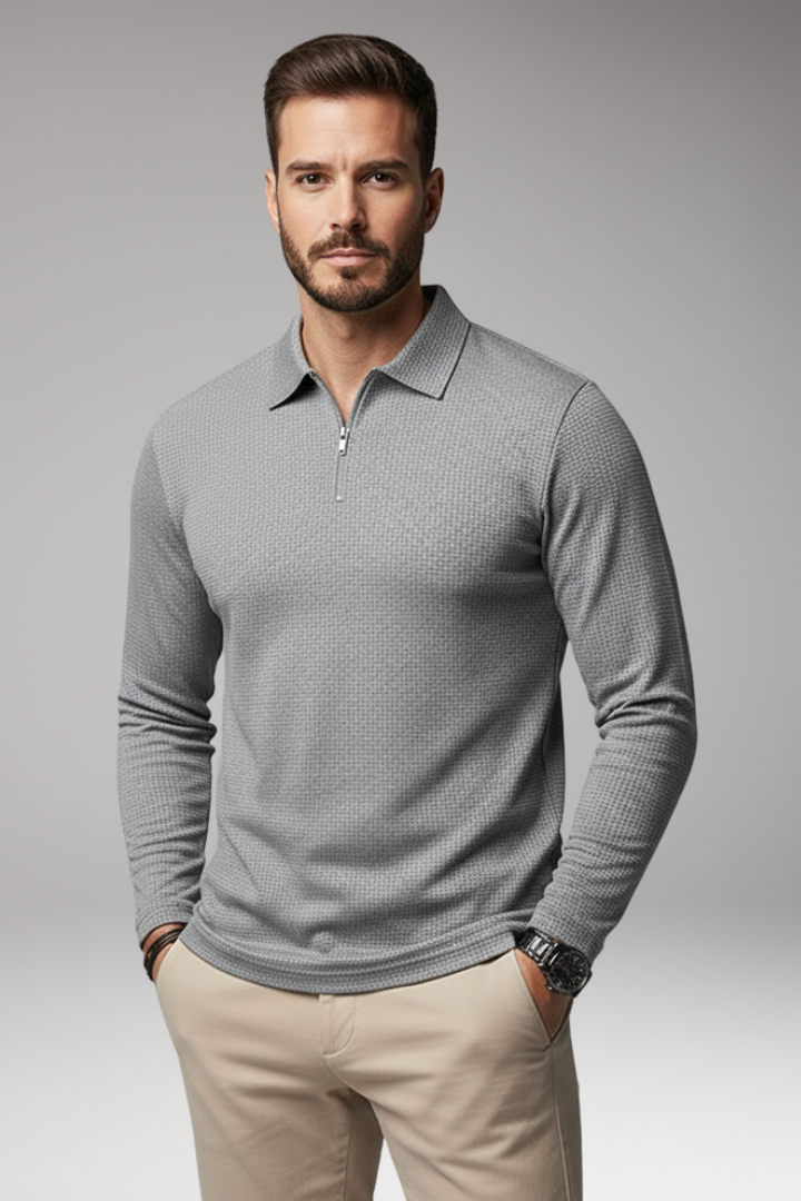 Men's Long-Sleeve Polo Shirt with Zip and Textured Surface