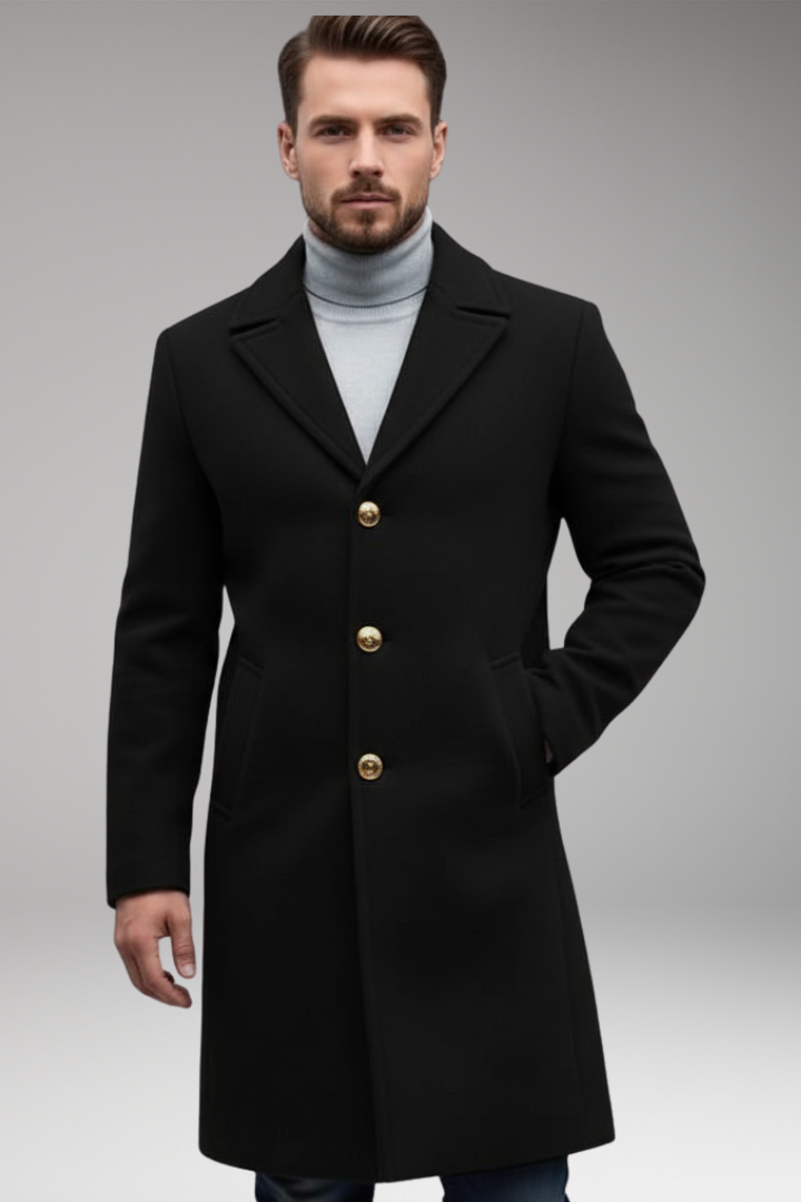 Men’s Long Coat with Lapel Collar and Front Button Closure