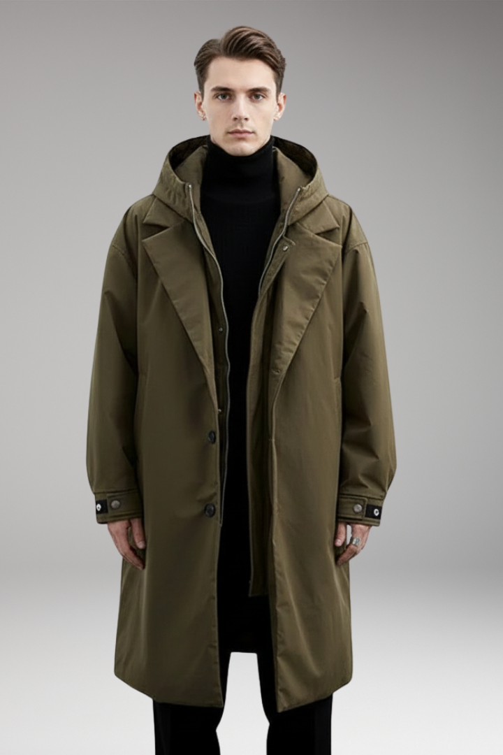 Men’s Long Puffer Coat with Hood and Outer Shell for Daily Use