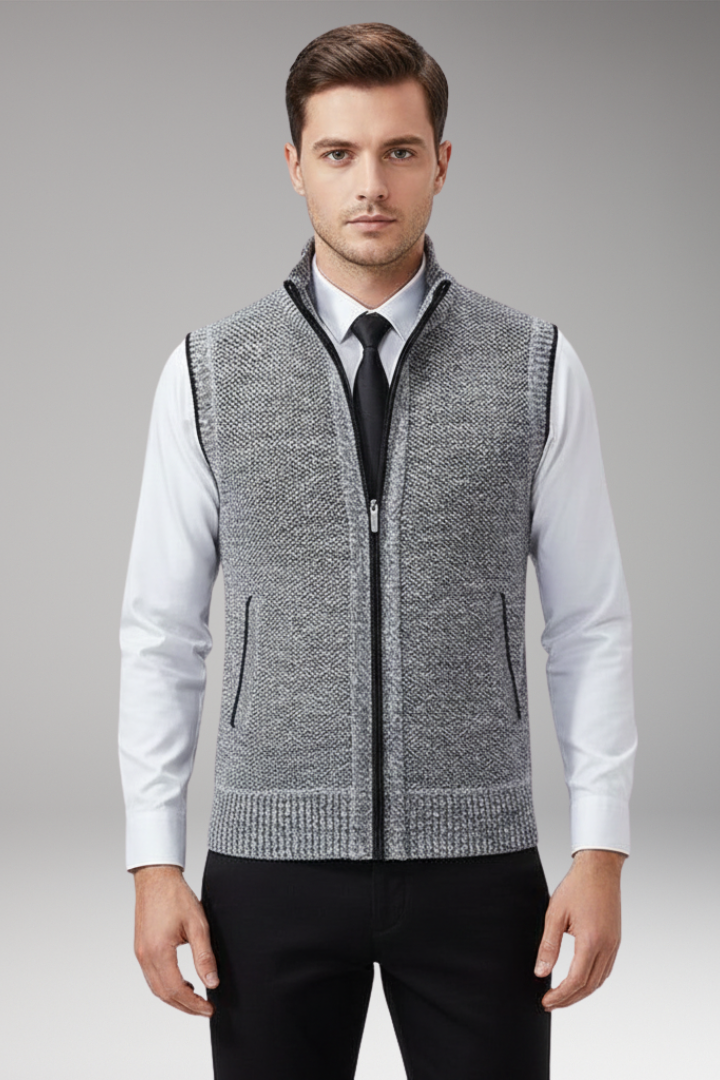 Men’s Sleeveless Knitted Vest with Stand Collar and Plain Surface
