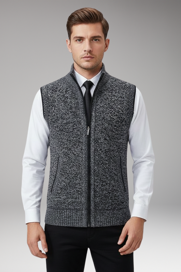 Men’s Sleeveless Knitted Vest with Stand Collar and Plain Surface