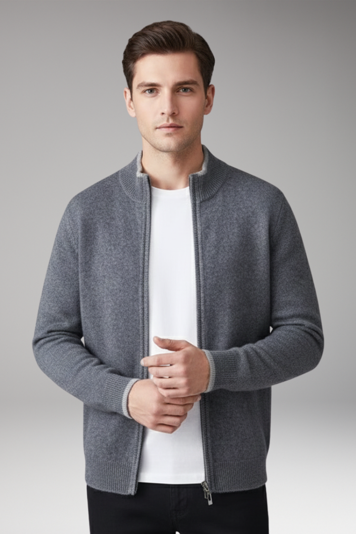 Men’s Zip Cardigan with High Neck and Ribbed Texture