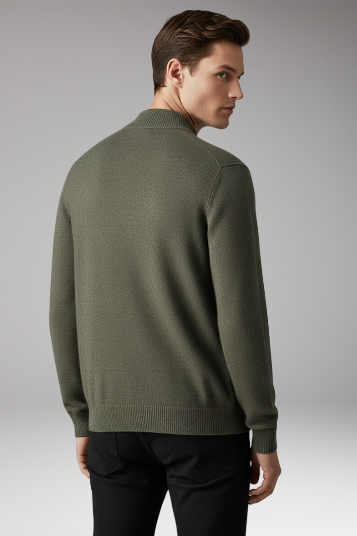 Men’s Zip Cardigan with Stand Collar and Knit Surface