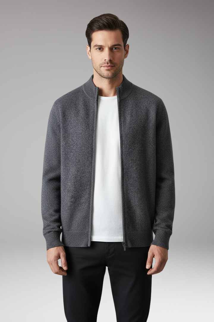 Men’s Zip Cardigan with Stand Collar and Knit Surface