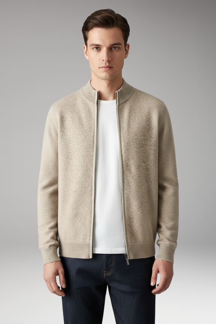 Men’s Zip Cardigan with Stand Collar and Knit Surface
