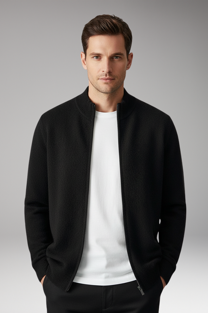 Men’s Zip Cardigan with Stand Collar and Knit Surface