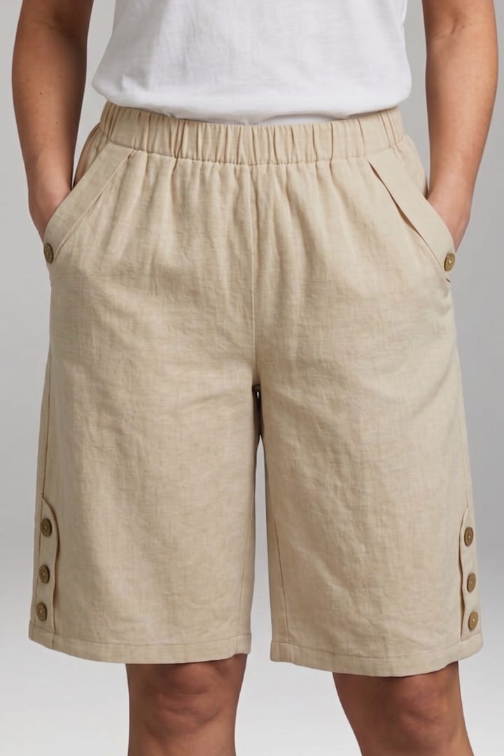 Women’s Bermuda Shorts with Elastic Waist and Button Details