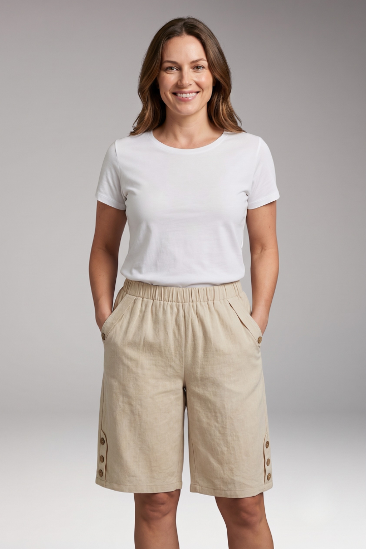 Women’s Bermuda Shorts with Elastic Waist and Button Details