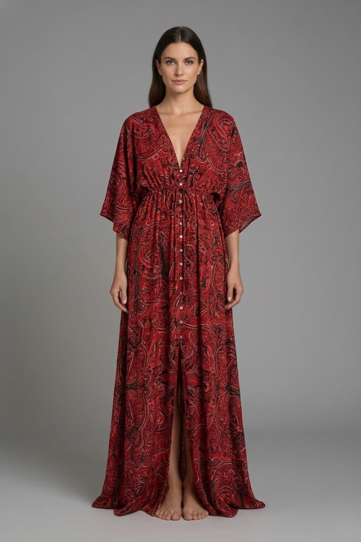 Women's Bohemian Print Dress with V-Neck and Relaxed Fit