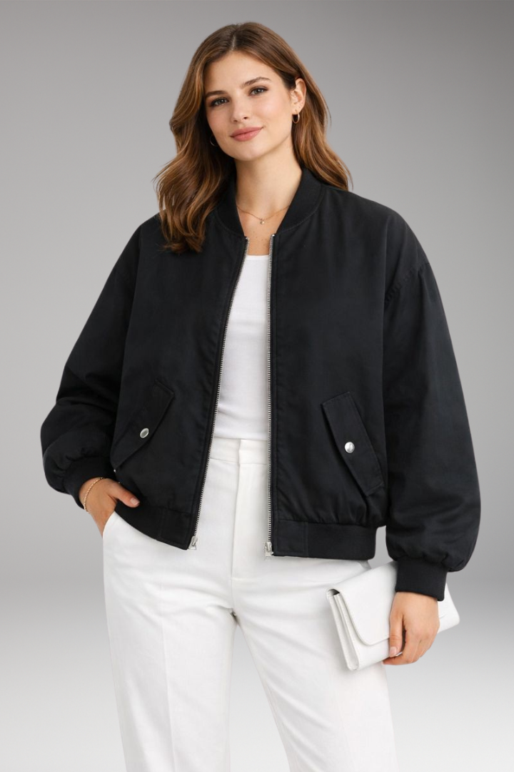 Women’s Bomber Jacket with Front Zip and Oversized Shape