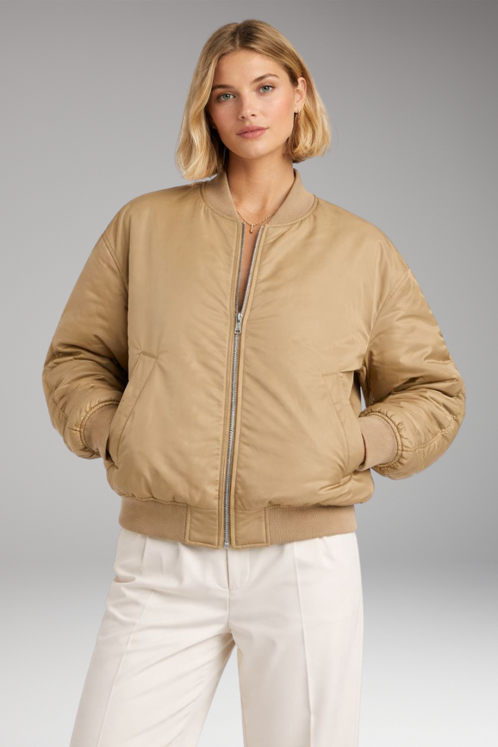 Women’s Bomber Jacket with Ribbed Neckline and Zipper Closure