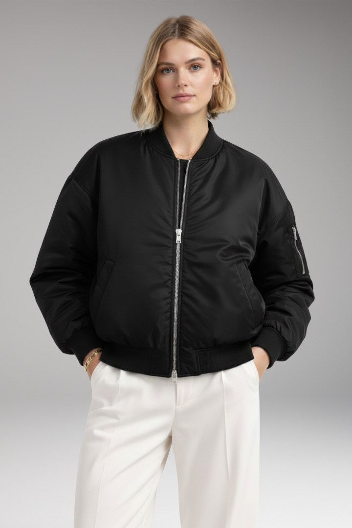 Women’s Bomber Jacket with Ribbed Neckline and Zipper Closure