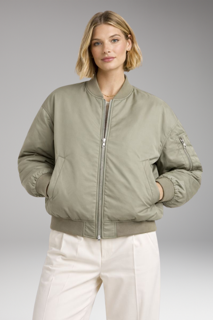 Women’s Bomber Jacket with Ribbed Neckline and Zipper Closure