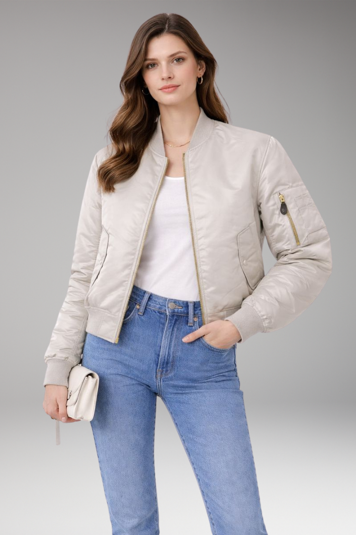 Women’s Bomber Jacket with Zipper and Ribbed Details