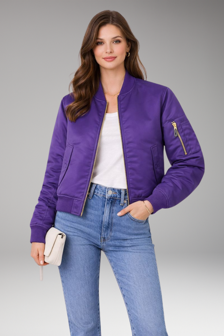 Women’s Bomber Jacket with Zipper and Ribbed Details