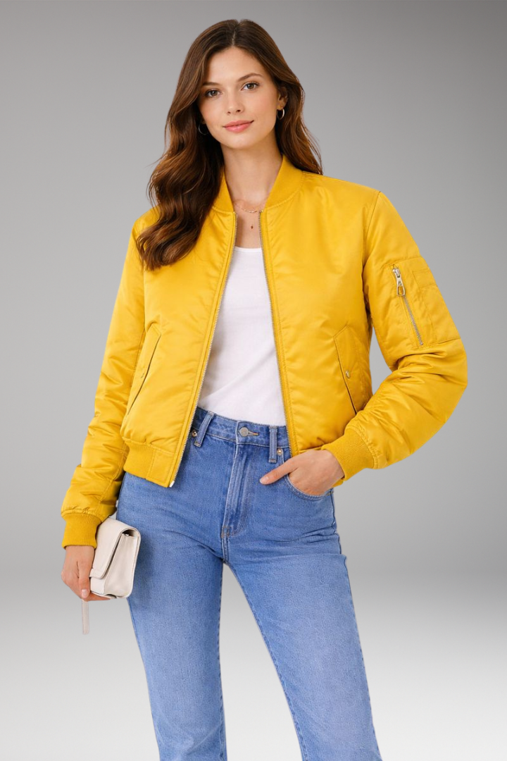 Women’s Bomber Jacket with Zipper and Ribbed Details