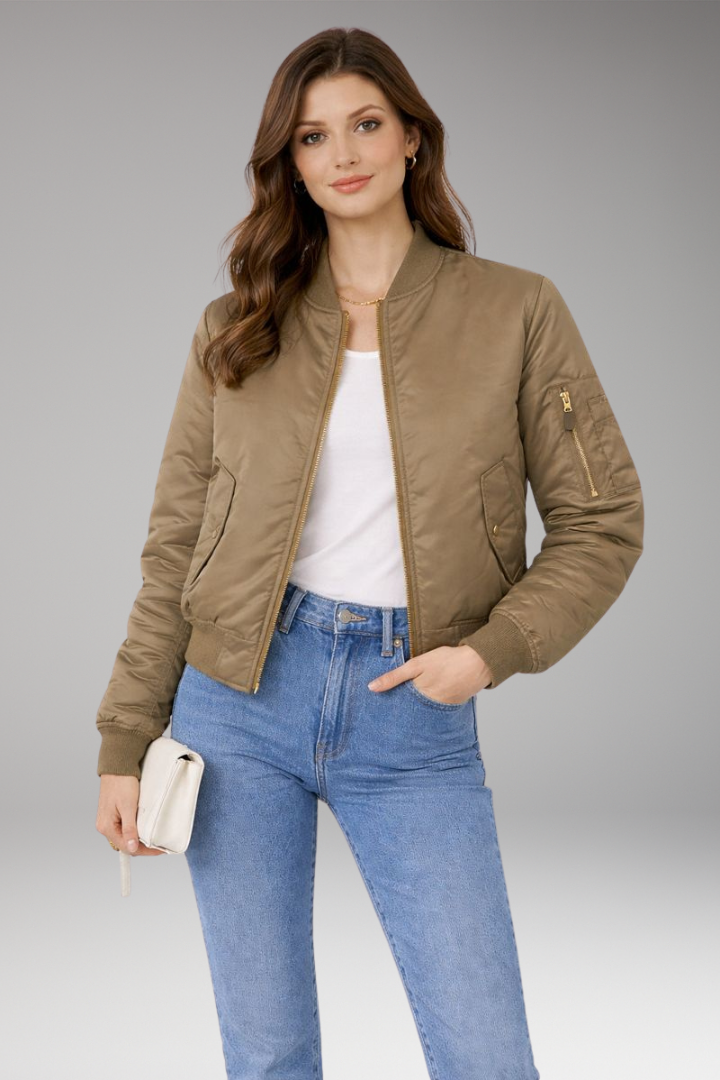 Women’s Bomber Jacket with Zipper and Ribbed Details