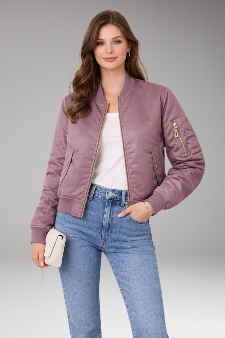 Women’s Bomber Jacket with Zipper and Ribbed Details