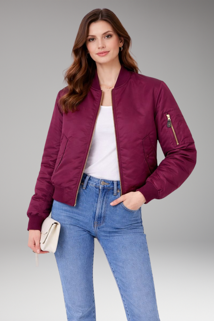 Women’s Bomber Jacket with Zipper and Ribbed Details