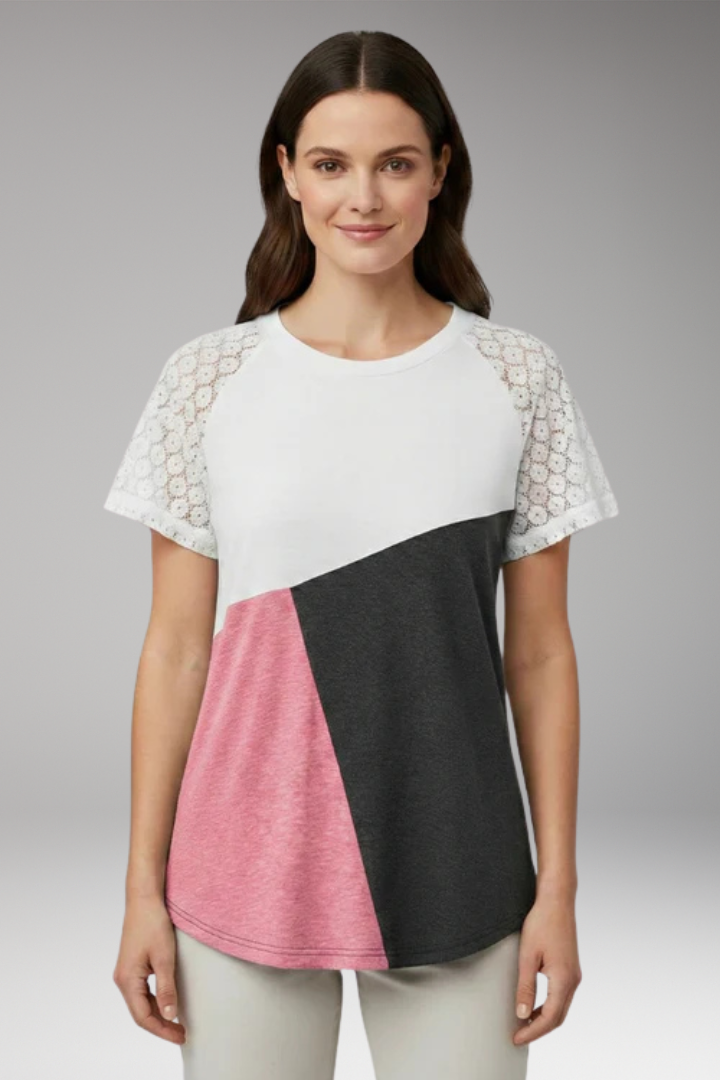 Women's Colour Block T-Shirt with Lace Sleeves
