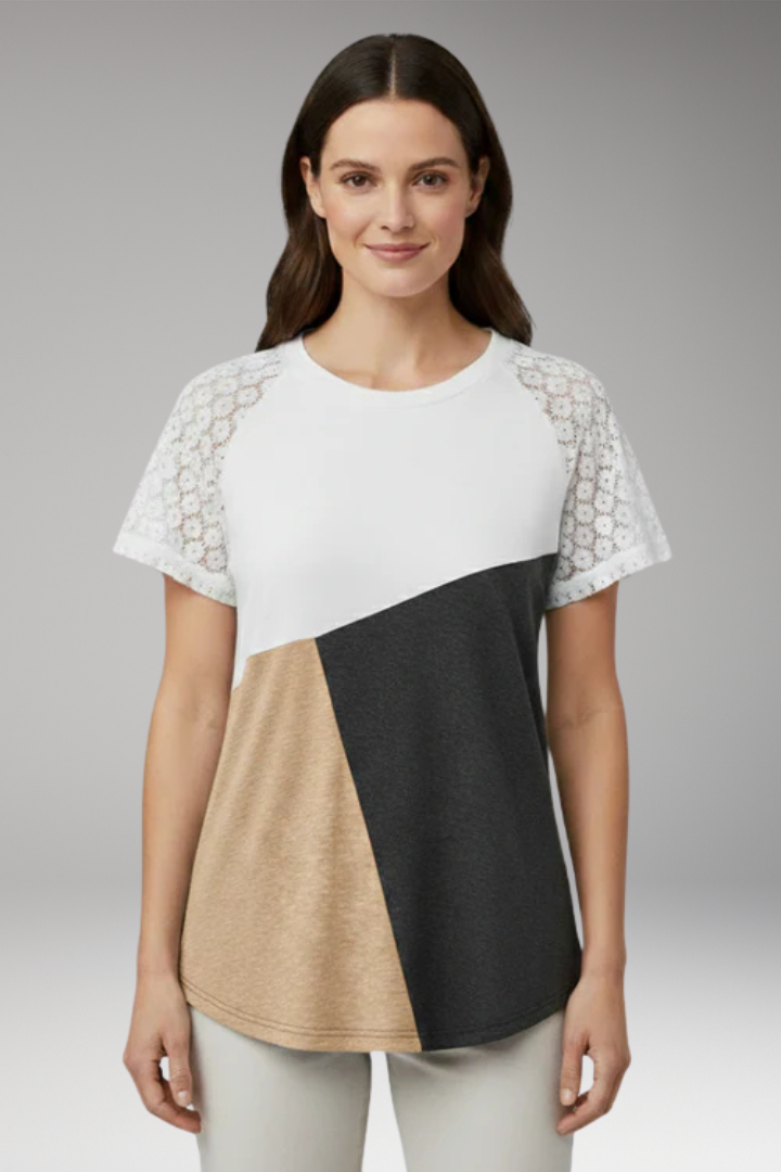 Women's Colour Block T-Shirt with Lace Sleeves