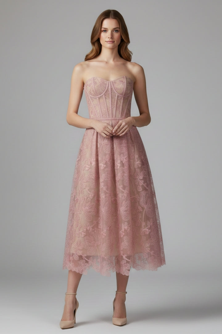 Women's Corset Top Lace Midi Dress with Satin Finish and Elegant Design
