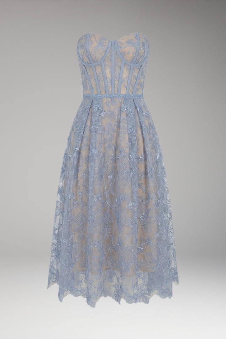 Women's Corset Top Lace Midi Dress with Satin Finish and Elegant Design