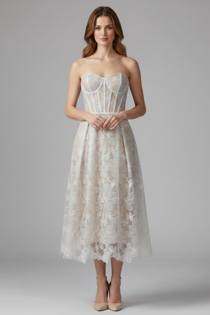 Women's Corset Top Lace Midi Dress with Satin Finish and Elegant Design