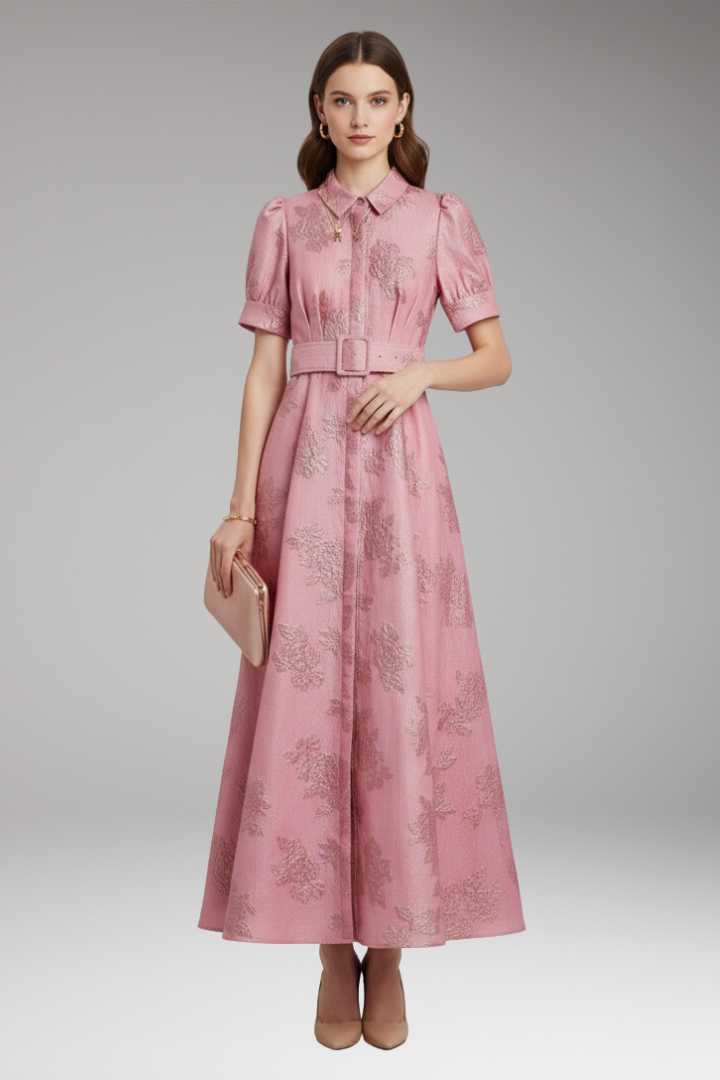 Women’s Dress with Puff Sleeves and Belted Waist