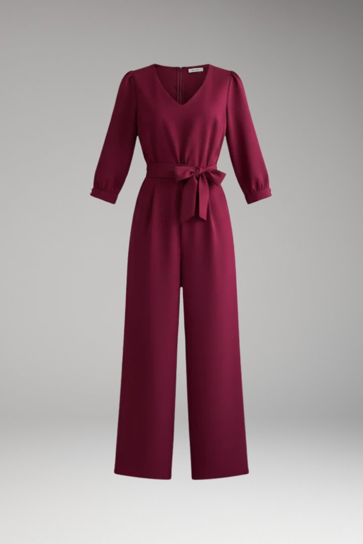 Women's Jumpsuit with V Neck and Adjustable Waist Belt