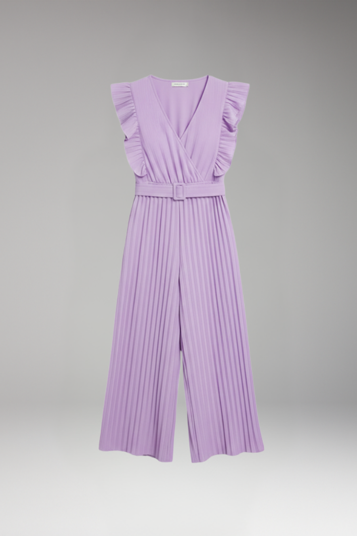 Women's Jumpsuit with Ruffle Sleeves and Waist Belt